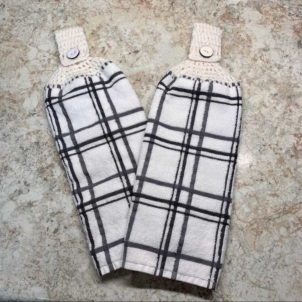 Set of 2 Hanging Kitchen Hand Towels/ Gray and White Plaid / Handmade